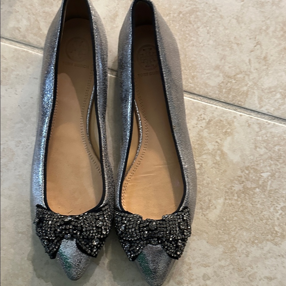 Tory Burch Metallic Silver Flats with Black Beaded Bow